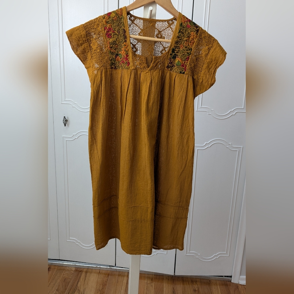 Hand Made (OXACA Mexico)Yellow Smocked Embellished Embroidered Tunic Dress Sz S